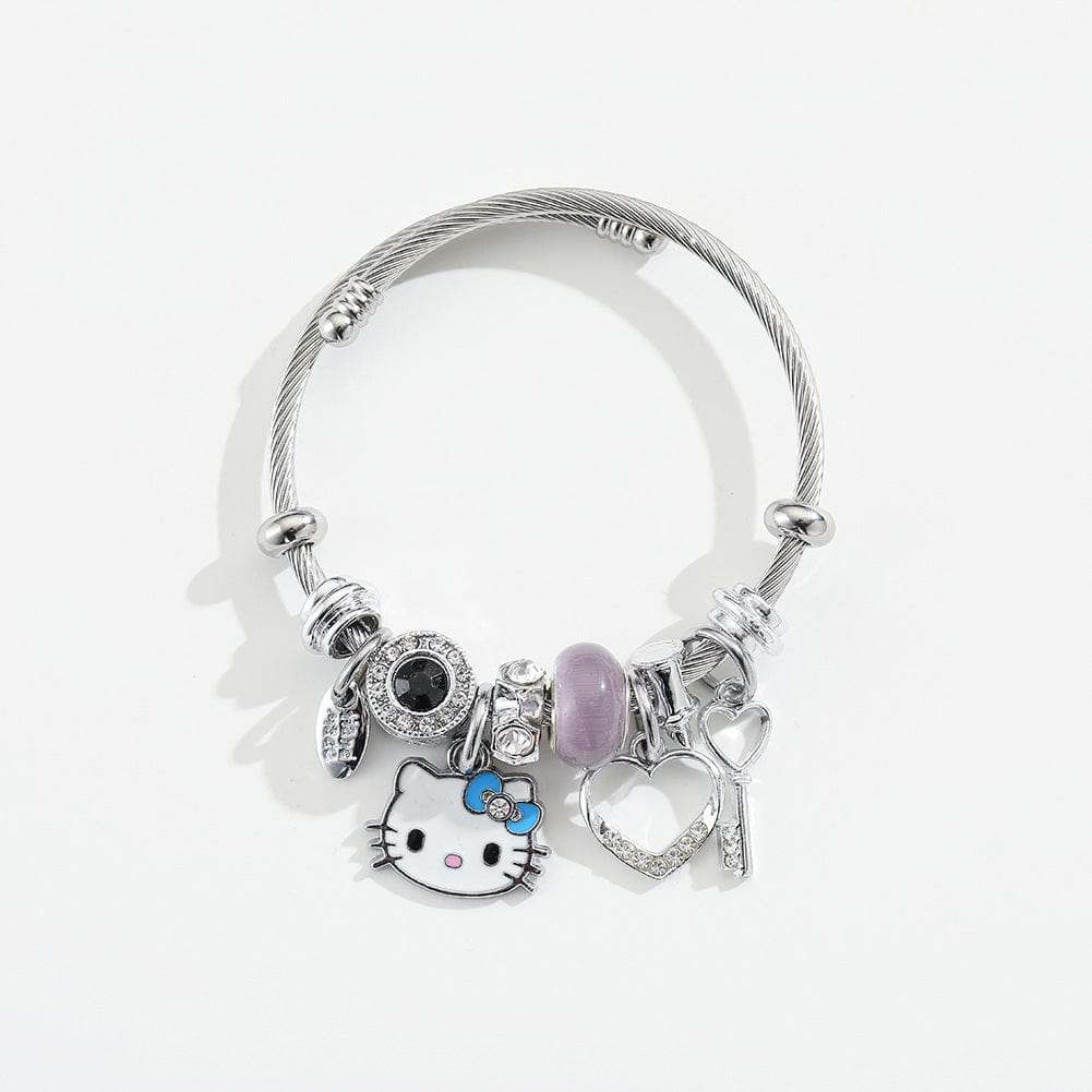 Sanrio CZ Inlaid Stainless Steel Hello Kitty Bangle Bracelet - Blue + Key Heart